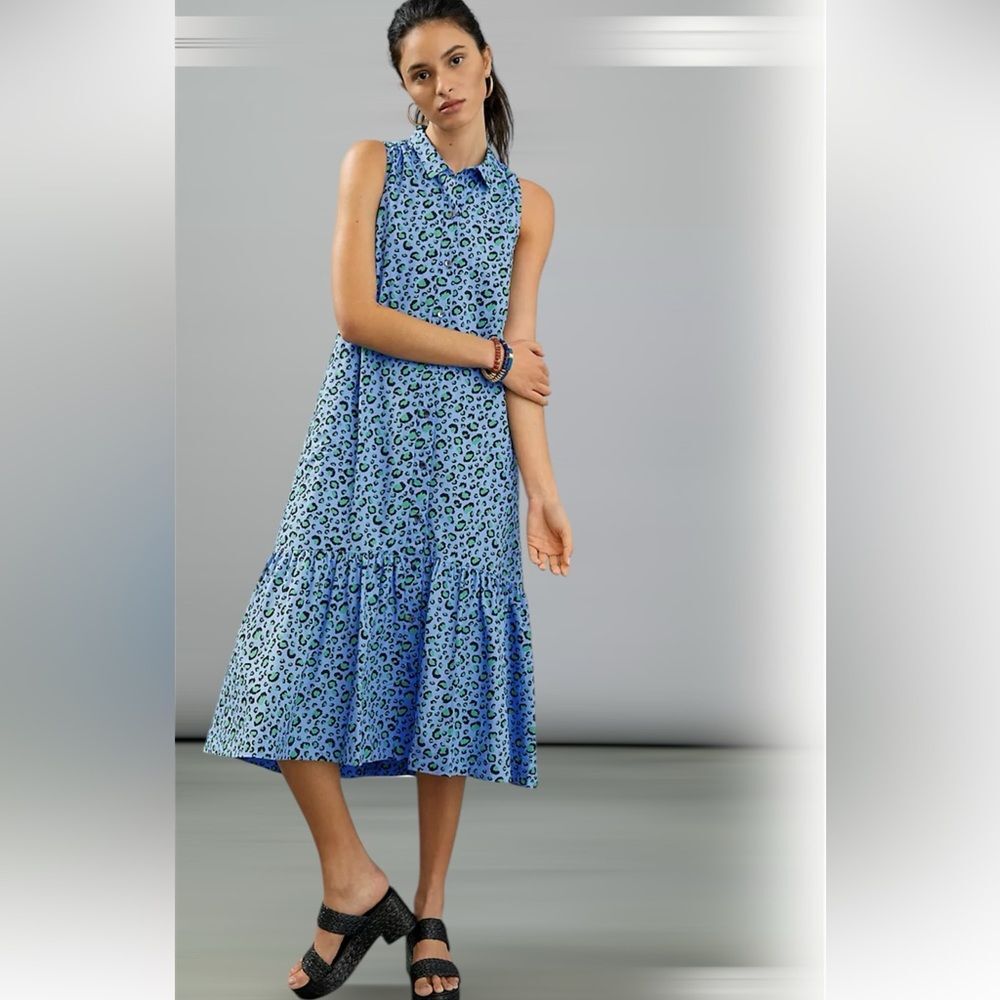 NWT Maeve by Anthropologie Paola Flounced Midi Dress-Blue Leopard Size XS / S